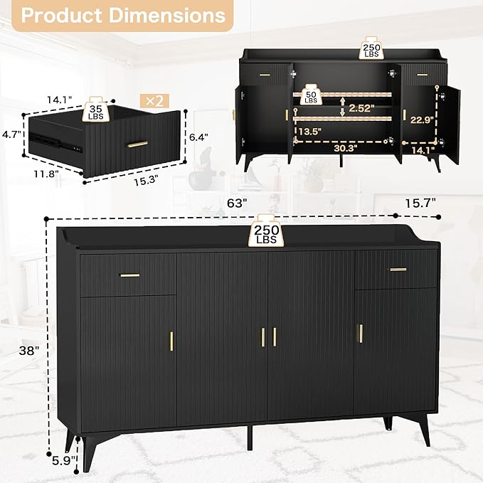 Sideboard Buffet Cabinet with Drawers: 63" Black Fluted Sideboard Cabinet with 2 Drawers and 4 Doors, Modern Wood Credenza Storage Cabinet, Large Accent Cabinets for Living Room (63")