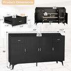 Sideboard Buffet Cabinet with Drawers: 63" Black Fluted Sideboard Cabinet with 2 Drawers and 4 Doors, Modern Wood Credenza Storage Cabinet, Large Accent Cabinets for Living Room (63")