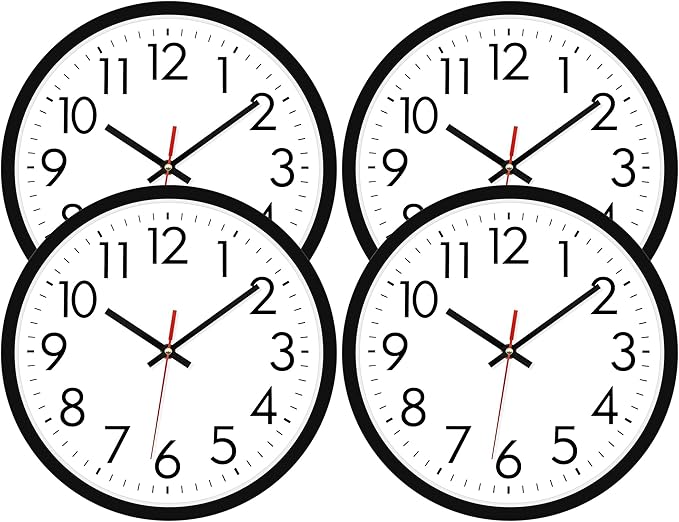 Lumuasky 4 Pack Black Wall Clock,12 Inch Silent Battery Operated Non Ticking Quartz Round Analog Classic Clock Modern Design for Home Office Classroom School Living Room Bedroom