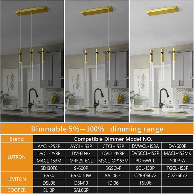 3 Light Pendant Lighting Dining Room Light Fixture Dimmable LED Modern Gold Pendant Light with Bubble Crystal Pendant Lights Kitchen Island