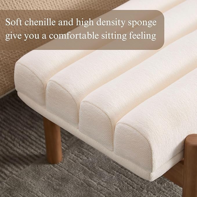 White Modern Bench Upholstered End of Bed Bench Chenille Fabric Bedroom Bench for Entryway Living Room Vanity Makeup Room, 47" Long, Wooden Legs