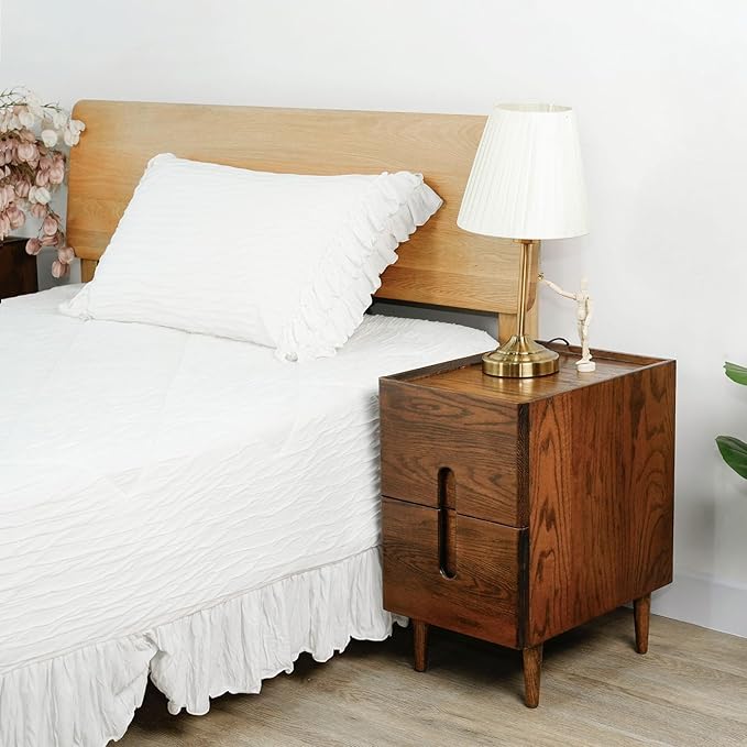 Narrow Nightstand, Mid Century Modern Nightstand, Solid Wood Bedside Table, Side Table witn Drawers (Walnut, 11.81inches)