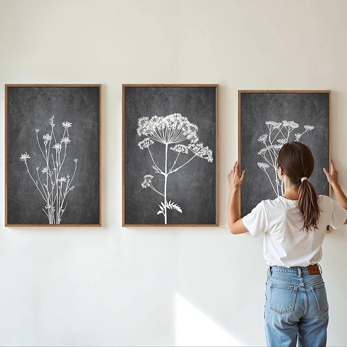 Tinonedraw Black and White Botanical Framed Canvas Wall Art Set, Vintage Floral Wall Decor, Dark Academia Minimalist Plant Art Paintings, Abstract Wildflower Art Print for Living Room Bedroom 16"x24"x3