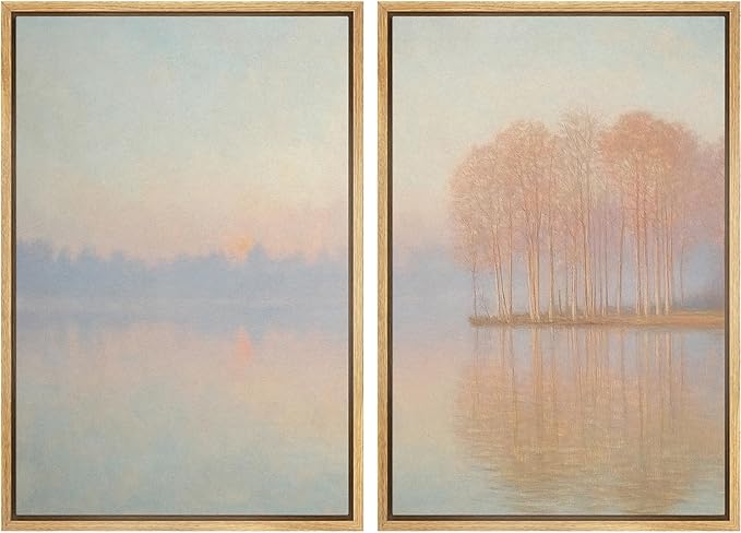 SIGNFORD Framed Canvas Print Wall Art Set Pastel Lake Landscape Serene Sunrise Water Reflection Illustration Modern Art Decorative Nordic Nature for Living Room, Bedroom, Office - 16"x24"x2 Natural