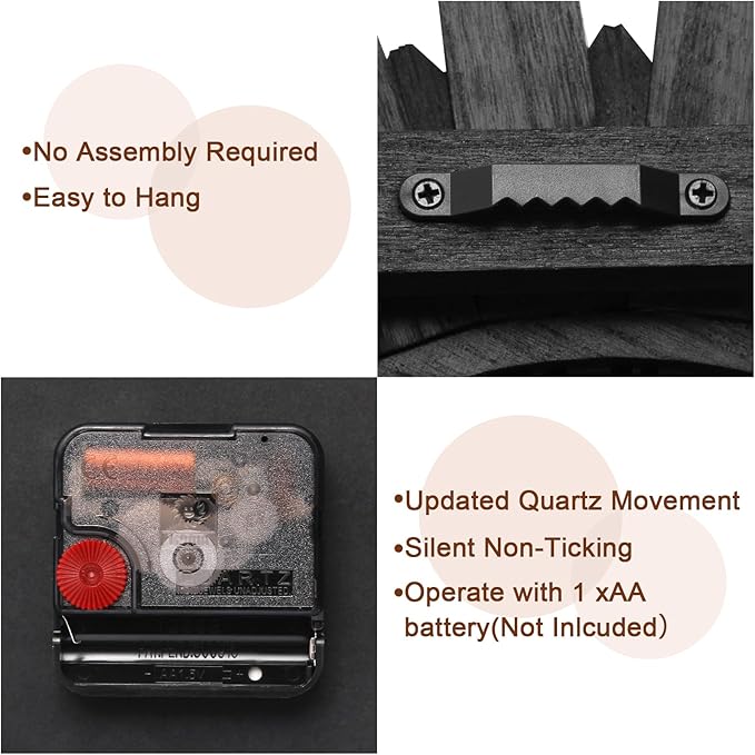 Honiway Wall Clock Battery Operated 12 Inch Rustic Wooden Boho Sunburst Decorative Wall Clock Silent Non-Ticking Black Wall Decor Clocks for Living Room Kitchen Bathroom Bedroom (Black)