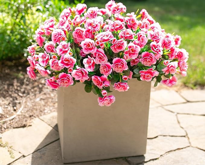 Artificial Fake Outdoor Outside Flowers Plants For Fall Decor, Faux Silk Pink Camellia UV Resistant Realistic for Front Door Porch Patio Planter Balcony Garden Yard Home Decor, 3 Large Bundles