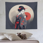 Japanese Woman Geisha Tapestry Asian Red Cherry Blossom Red Sun Traditional Kimono Folk Tapestries Home Decor for Living Room Bedroom Apartment Farmhouse Dorm 60"x50"