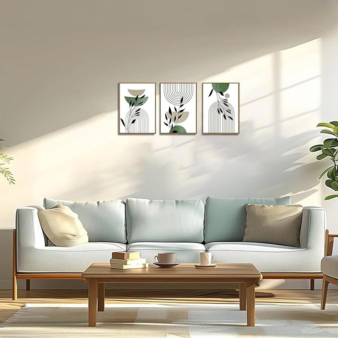 Bwodke Boho Wall Art, Framed Abstract Wall Art, Line Plants Leaf Canvas Wall Decor, Mid Century Sage Green Geometric Pictures Set of 3, Minimalist Paintings, for Bedroom Living Room Bathroom 12"x16"