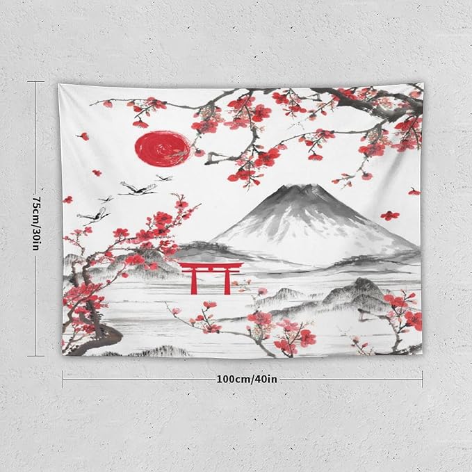 Red Cherry Blossoms Tapestry, Japanese Fuji Mountain Tapestry, Asian Japanese Wall Tapestry, Nature Landscape Tapestries for Bedroom Living Room Decor 40"x30"