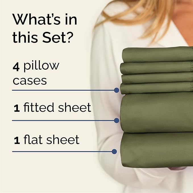 Cal King Sheets Set 6 Piece - Includes 4 Pillowcases - Bed Sheets Cal King - Soft Hotel Luxury Bedding - Cooling, Comfy & Breathable - 1 Flat & 1 Fitted & 4 Pillowcases w/ Deep Pockets - Sage Green