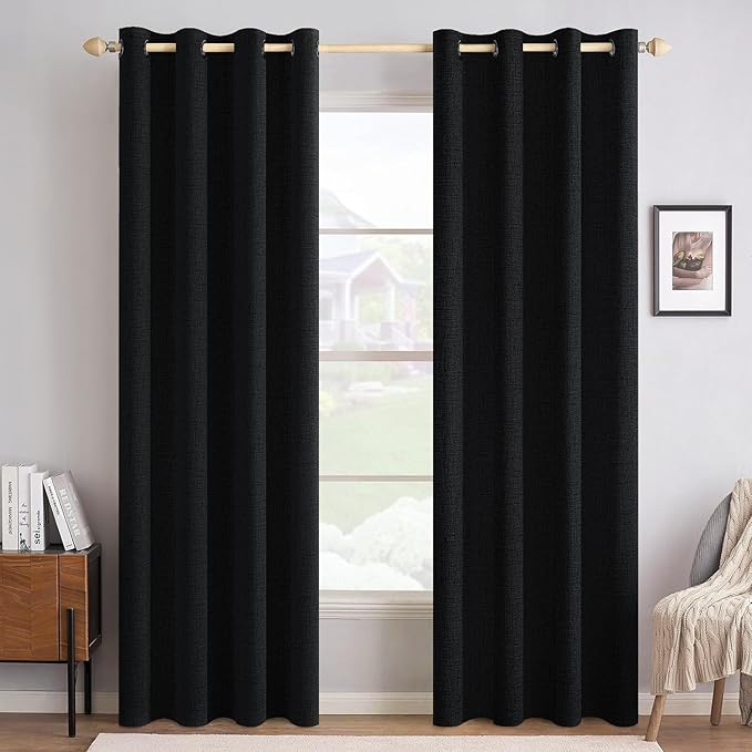 MIULEE Linen Texture Curtains for Bedroom Solid 100% Blackout Thermal Insulated Halloween Black Curtains Grommet Room Darkening Drapes for Living Room Nursery 52x84 Inch (2 Panels)