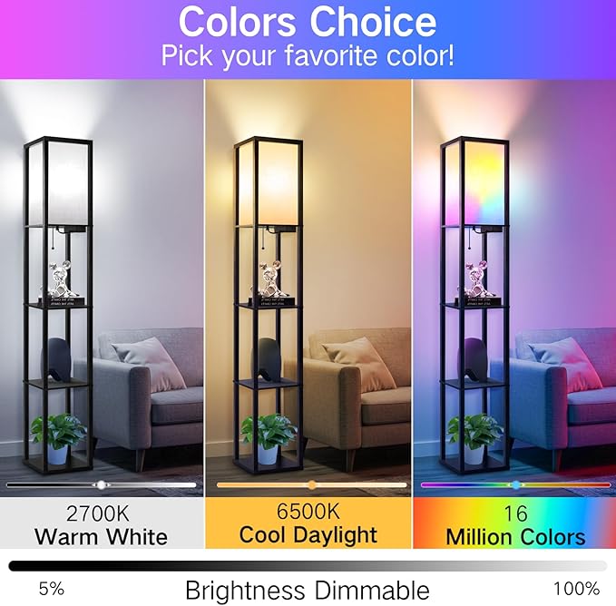 OUTON Floor Lamp with Shelves, LED Dimmable Floor Lamp with Remote & App Control, Charging Station, Color Changing, Wood Column Tall Standing Lamp for Living Room, Bedroom Office, RGB
