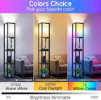 OUTON Floor Lamp with Shelves, LED Dimmable Floor Lamp with Remote & App Control, Charging Station, Color Changing, Wood Column Tall Standing Lamp for Living Room, Bedroom Office, RGB
