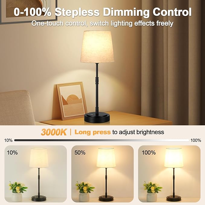Cordless Table Lamps Set of 2 – Battery Operated Lamp with 7500mAh Rechargeable Battery, Stepless Dimmable Black Lamps with Beige Shade, Wireless Lamps for Dining Room & Nightstand (Bulbs Included)