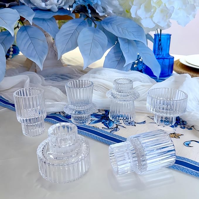 Double Sided Vintage Ribbed Taper Glass Candle Holders,Tea Candle Holder for Table Centerpieces, Wedding Decorations and Dinner Parties (Clear, 6 PCS)
