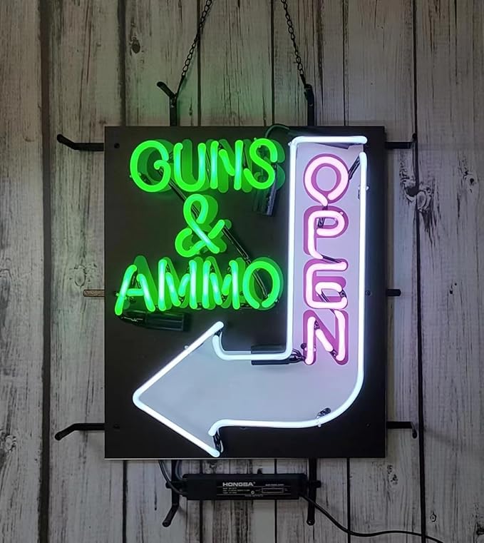 Guns & Ammo Open Neon Signs, Gun Signs Lamp for Gun Store Guns Ammo Store LED Light 24 X 20 Inches High Definition Jet Graphic Printing Board