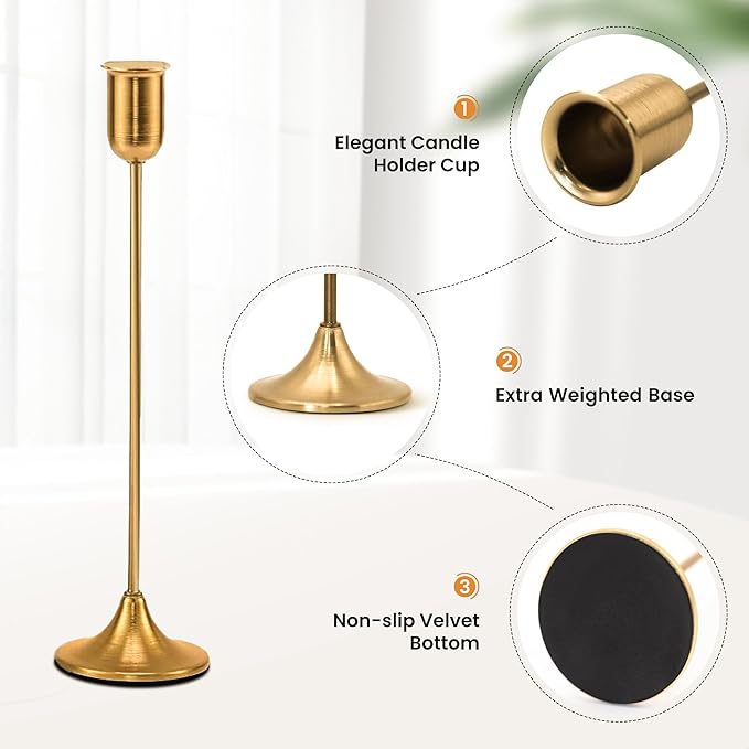 Brass Gold Candle Holder - 3 PCS Taper Candlestick Holders - Vintage Candle Stick Holders - Modern Home Decor Centerpiece - Cozy Atmosphere Gift for Home Decor, Wedding, Housewarming Gift