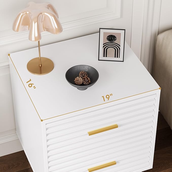 Alohappy Mid Century Modern Nightstand, Fluted Bedside Table with Storage Drawers, End Table for Bedroom, Living Room, White 1pc