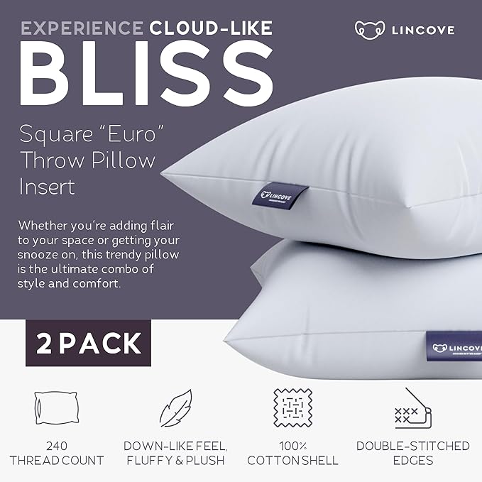 Lincove Euro Throw Pillow Insert Rectangular 12"x16" Pillow – Made in Canada, 100% Cotton Shell, Down Alternative Filling, Vegan-Friendly, Hypoallergenic - Decorative Couch Pillows, 2 Pack