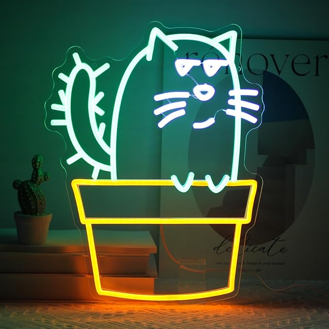 Cactus Cat Neon Sign Funny Animal LED Signs for Wall Novel Potted Plant Neon Light Dimmable Cartoon Neon Lights Signs for Bedroom Man Cave Porch Party Decor USB Powered