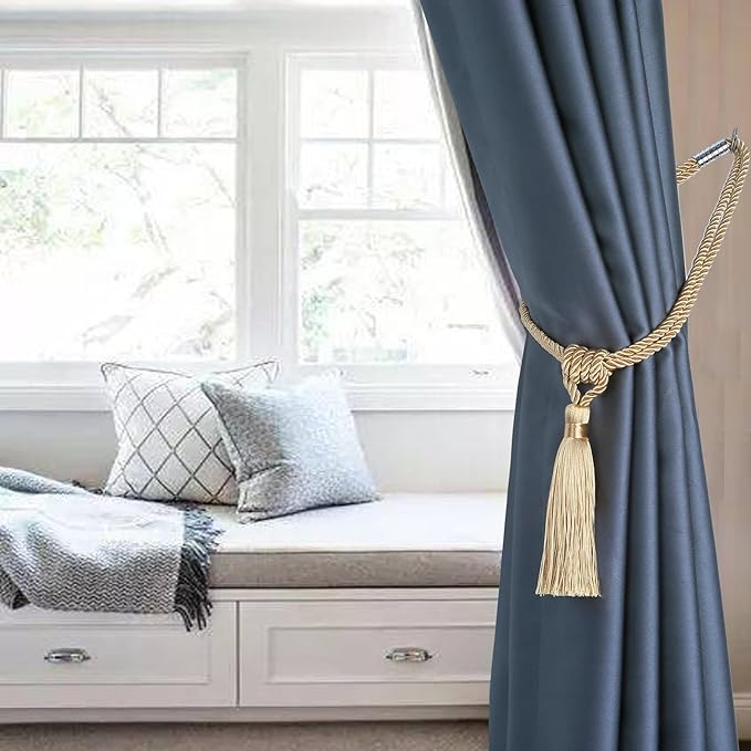 Fenghuangwu Magnetic Curtain Tiebacks Tassel Tie-Backs, Rope Curtain tie Backs Handmade Curtain Holdbacks Made from Polyester (Gold, 2 Pack)