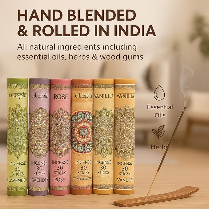 Premium Incense Sticks, Lavender, Sandalwood, Jasmine, Patchouli, Nag Champa, Vanilla, Variety Gift Pack 180 Sticks, Includes a Holder in Each Box