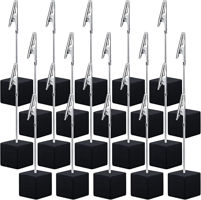 20 Pcs Cube Base Memo Clip Holder with Alligator Clip Wood Table Number Holder Cube Base Place Card Stand Mini Photo Menu Stand for Displaying Number Card(Black)