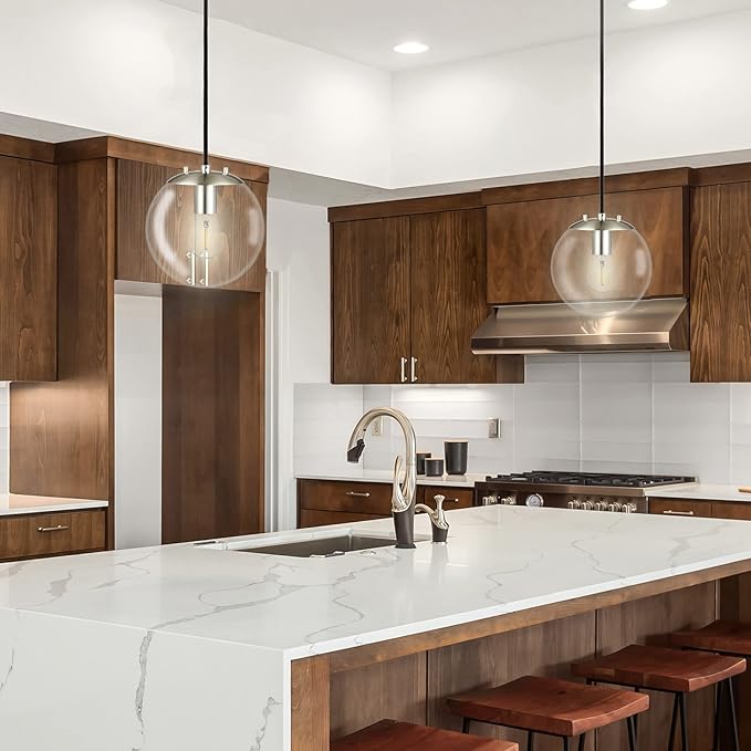 Linea di Liara Sferra Modern Large Glass Pendant Light Kitchen Island Brushed Nickel Pendant Lighting Clear Glass Globe Pendant Light Mid Century Hanging Light Fixture, LED Bulb Included, UL Listed