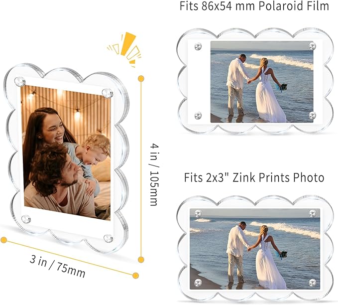 5 Pack 3x4 Inch Acrylic Polaroid Magnets Picture Frame for Refrigerator, Scalloped Clear Frames for Instax Photo, Wallet Size Mini Frame for Fridge