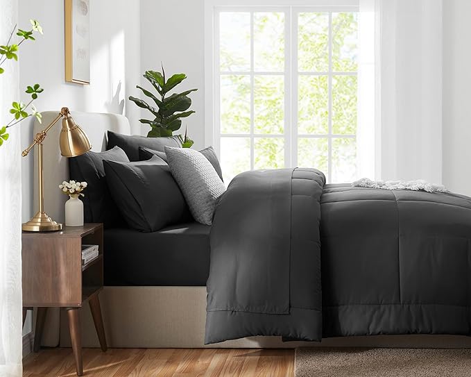 CozyLux Oversized Queen Comforter Sets Dark Grey, 7 Pieces Bed in a Bag, Ultra-Soft All Season Bedding Sets with Stitch Quilted Comforter, Flat Sheet, Fitted Sheet, Pillowcases, Dark Gray