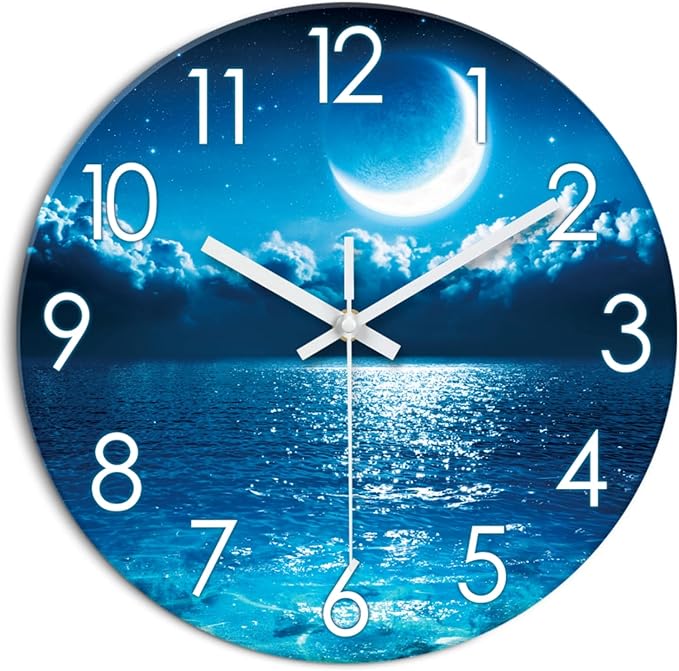 XFM Blue Wall Clock 24 Inch Large Round Silent Non-Ticking Battery Operated Wall Clocks Glass Moon Ocean View Decorative Clock for Kitchen Living Room Home Office