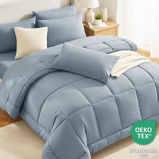 CozyLux Queen Comforter Set Grayish Blue, 7 Pieces Bed in a Bag, Blue Comforter Queen Size, All Season Bedding Sets with Stitch Quilted Comforter, Flat Sheet, Fitted Sheet, Pillowcases