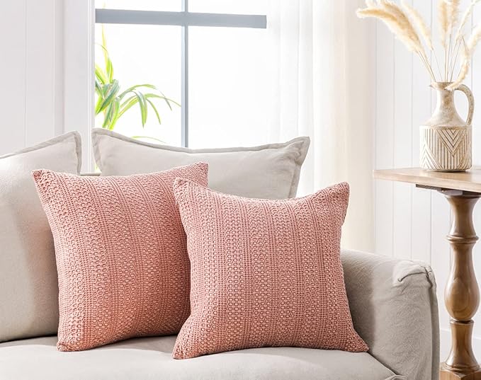 18x18 Throw Pillow Covers Set of 2 Boho Decorative Pillow Shams Stone Washed Cotton Pillowcase Waffle Square for Couch Sofa Chair Bed Car,Coral Pink