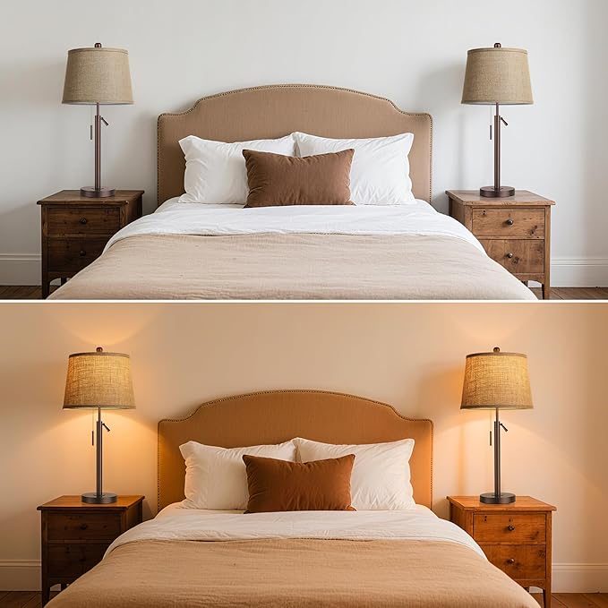 PARTPHONER Bedside Lamps Set of 2, Modern Table Lamps for Living Room, Height Adjustable Nightstand Lamps for Bedroom Office, End Table Lamps with Pull Chain(LED Bulbs Included), Oil Rubbed Bronze