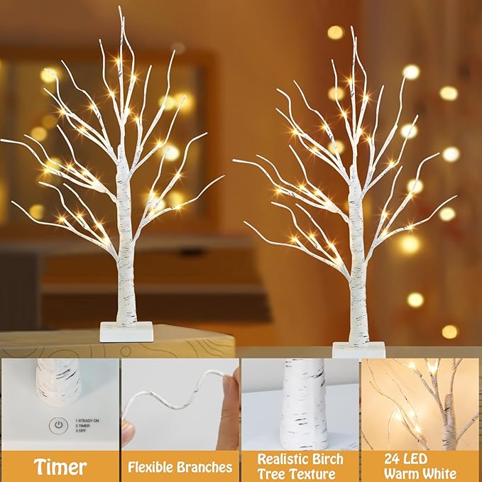 EAMBRITE Lighted Birch Tree Christmas Decorations Indoor for Home, 2Pack 24 LED Battery Operated/USB Tabletop Mini Small Artificial White Trees with Lights for Table Mantel Winter Xmas Decor (2FT)