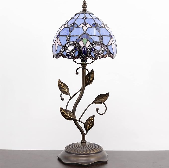Small Tiffany Lamp Stained Glass Table Lamp Metal Leaf Accent Desk Memory Lamp Sympathy 8X20 Inch (Blue Baroque Style)