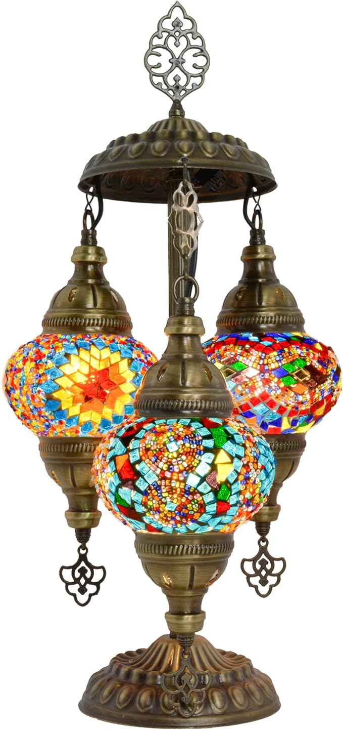 Mozaist Turkish Mosaic Lamp with Bulb – 3 Globe Tiffany-Style Table Light (Cappadocia Balloon)