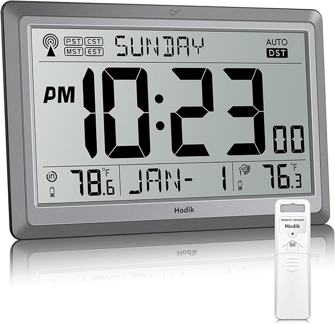 Wall Clock Atomic with Indoor Outdoor Temperature Battery Powered, Easy Reading with 10.5 Inch Large LCD Display, 330FT Range Table Wall Clock With DST, 12/24 Hour for Living Room Kitchen (Silver)