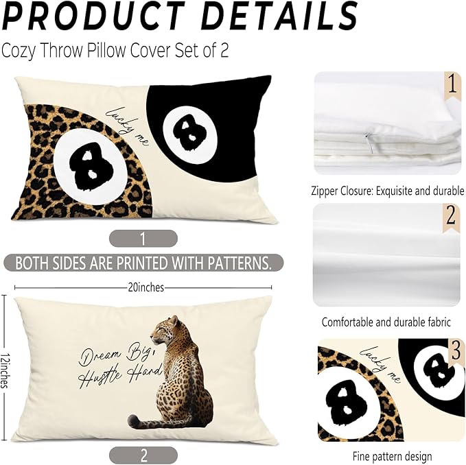 Trendy Leopard Lucky 8 Ball Pillow Covers 20x12, Cheetah Leopard Print Room Decor, Funky Preppy Leopard and Black Billiards Decorative Throw Pillow Covers for Girls Dorm Apartment，Set of 2