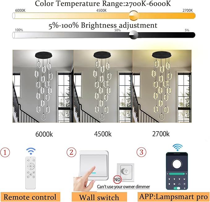 Large Crystal Chandeliers for Stairs Long Spiral Chandeliers for High Ceilings LED Crystal Ring Chandelier Dimmable 2700K-6000K 16-Light Black