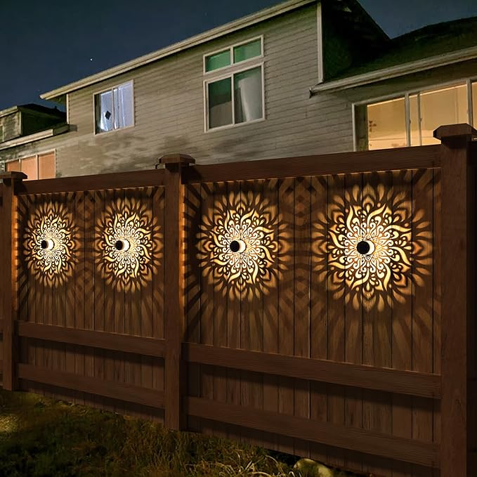 4 Pack Solar Fence Lights Metal Solar Powered Outdoor Wall Deck Step Lights Mandala Theme Waterproof Fence Light for Garden Post Patio Backyard Decor (4 Pack)
