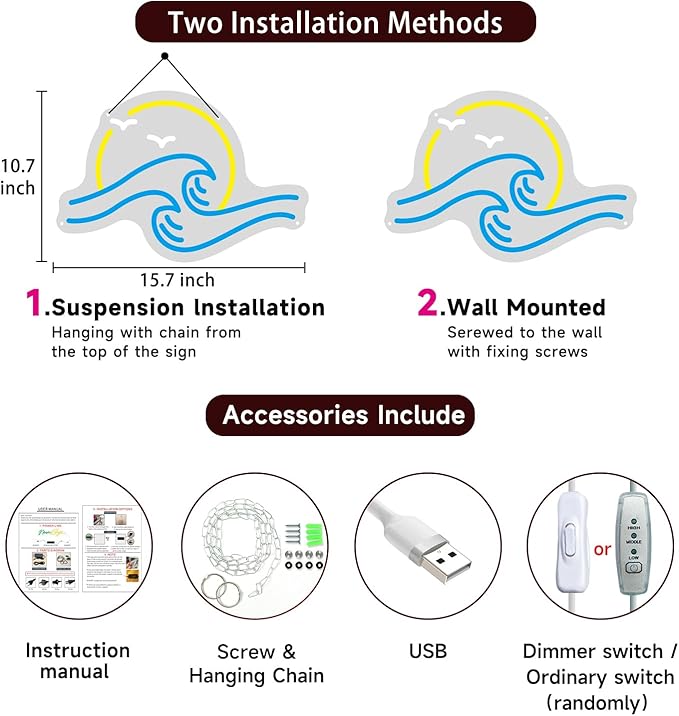 Sunrise Sunset Neon Sign Sun & Sea Neon Signs Sea Wave LED Neon Light Sign for Wall Decor Ocean Surf Sign f