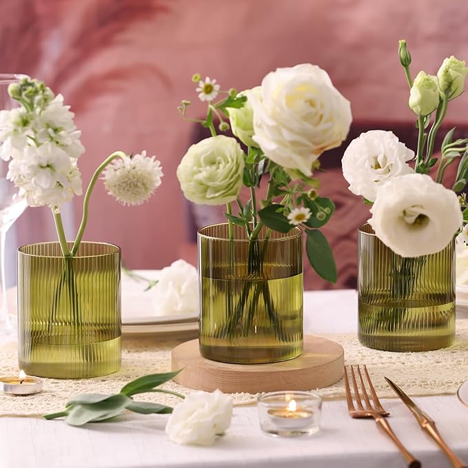 Glass Ribbed Cylinder Vase Set of 6, Bud Vase for Wedding Centerpieces, Green Flower Vases Bulk, Hurricane Floating Candle Holder, Decorative Flower Vase for Table Housewarming Gifts (Green)