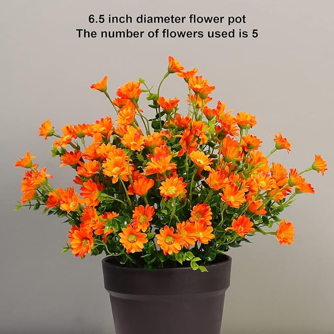 alyptus 8 Bundles Artificial Flowers for Outdoors Faux Mums UV Resistant Plastic Fall Plants Fake Greenery Orange Daisy Bulk for Home Gardenr Window Box Pathway Plante Wedding Decor (Orange)