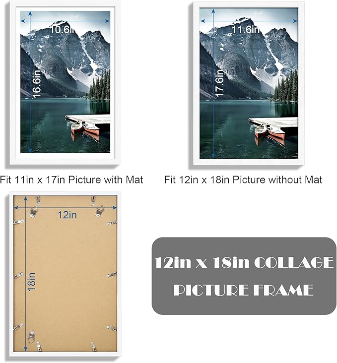 12x18 Frame Set of 3 - Display 11x17 Photo with Mat or 12 x 18 Poster without Mat, Wall Mounting Horizontal and Vertical, White