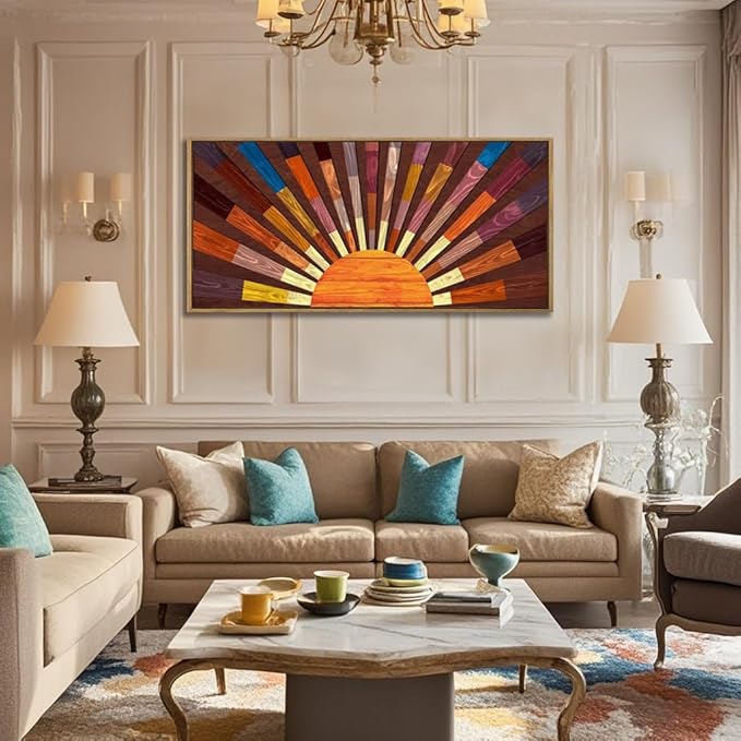IARTTOP Extra Large Boho Sun Wood Wall Art for Living Room Wooden 3D Framed Abstract Sun Rising on the Horizon Geometric Wall Decor Mid century Sunshine Artwork Home Bedroom Office20 * 40 Inch