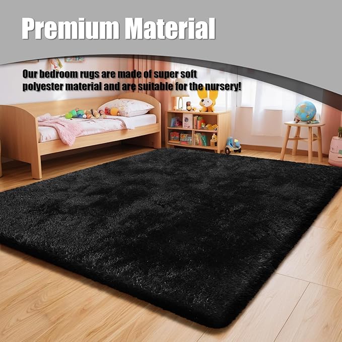 Shag Area Rug for Bedroom 5x8,Black Fluffy Area Rugs for Living Room,Soft Fuzzy Rug Non-Shedding Indoor Plush Carpet for Kids Bedroom Nursery Dorm Home Decor