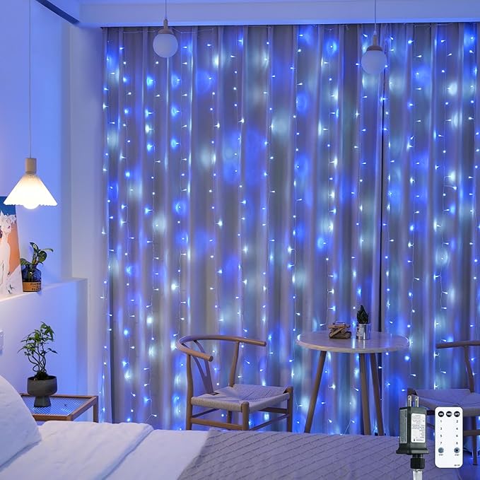 JMEXSUSS 300LED Christmas Curtain Lights Plug in with Remote, Blue and White Christmas Lights Indoor Outdoor, 8 Modes Hanging Fairy String Lights for Bedroom Window Wall Yard Patio Decor, 9.8x9.8ft