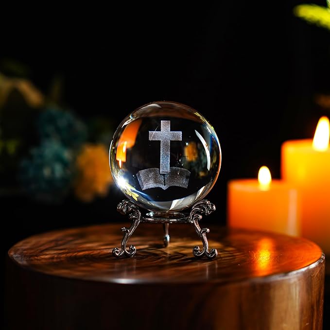 ZEERSHEE 3D Laser Engraved Cross Bible Crystal Ball with Stand Religious Christian Collectible Decoration for Home Office