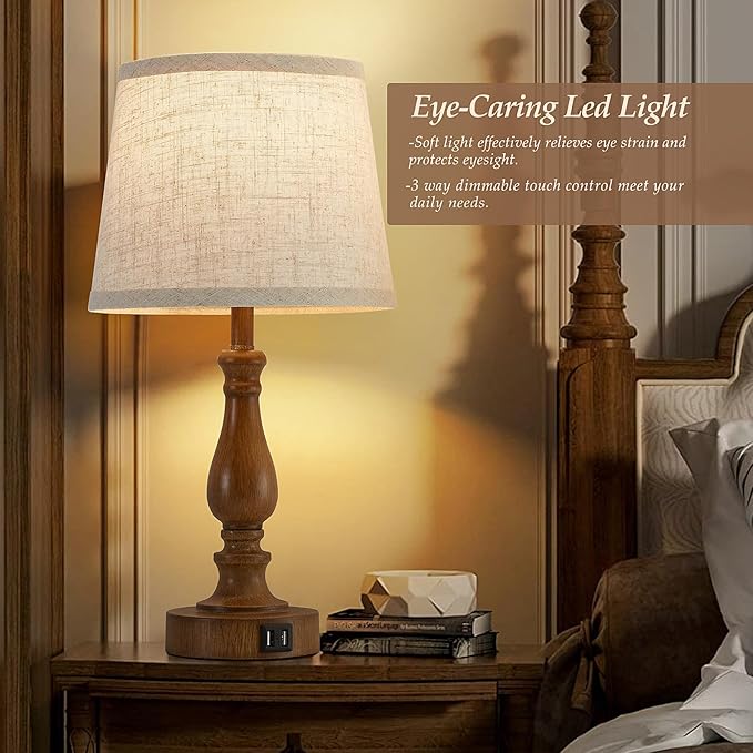 Classical Table Lamps for Bedrooms Set of 2 - Touch Bedside Lamps with Dual USB Ports, 3 Way Dimmable Nightstand Lamps for End Tables, Farmhouse Night Stand Lamps for Living Room Guest Room